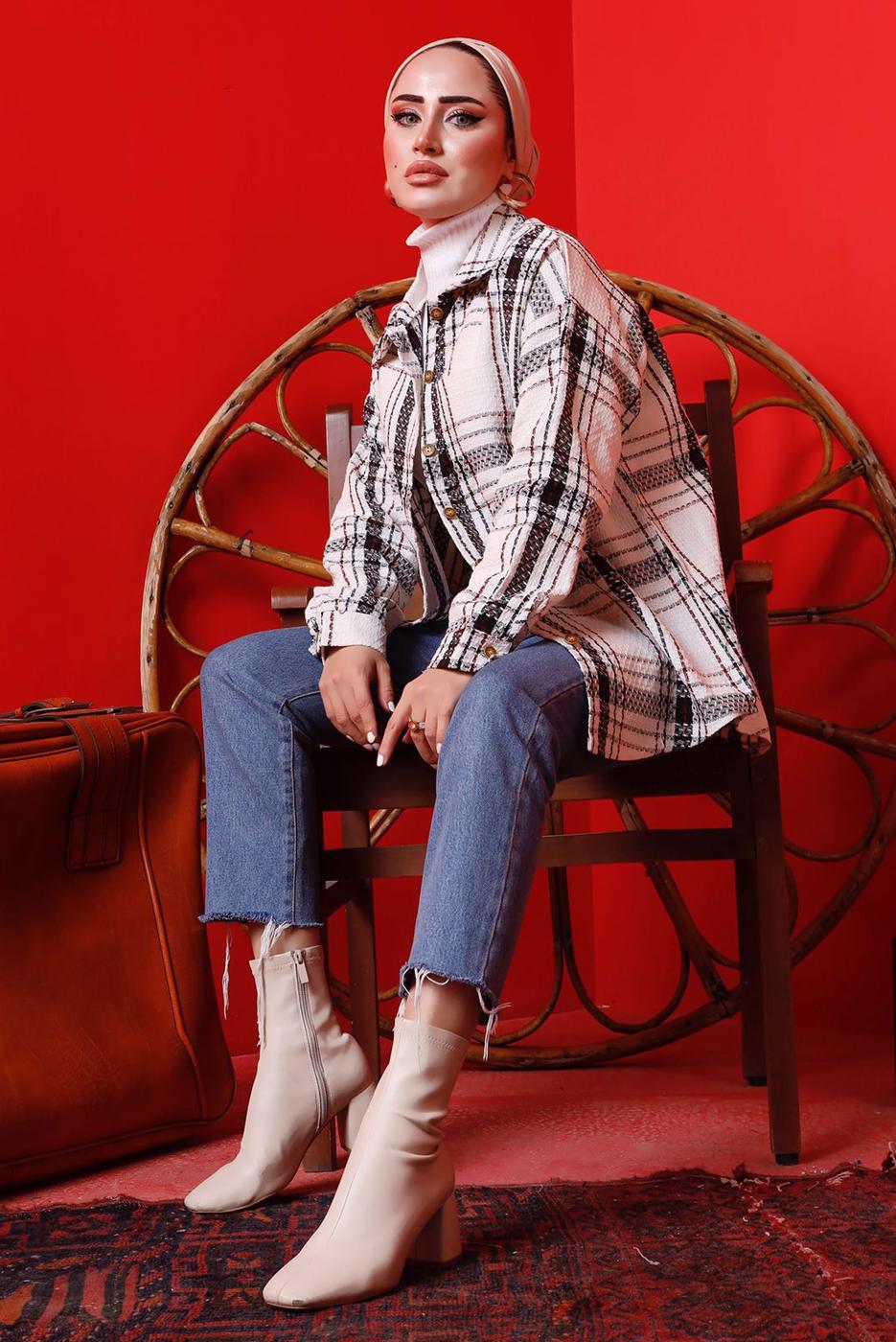 Tesettür giyim KREM EKOSE DÜĞMELİ TÜVİT TUNİK 3682 