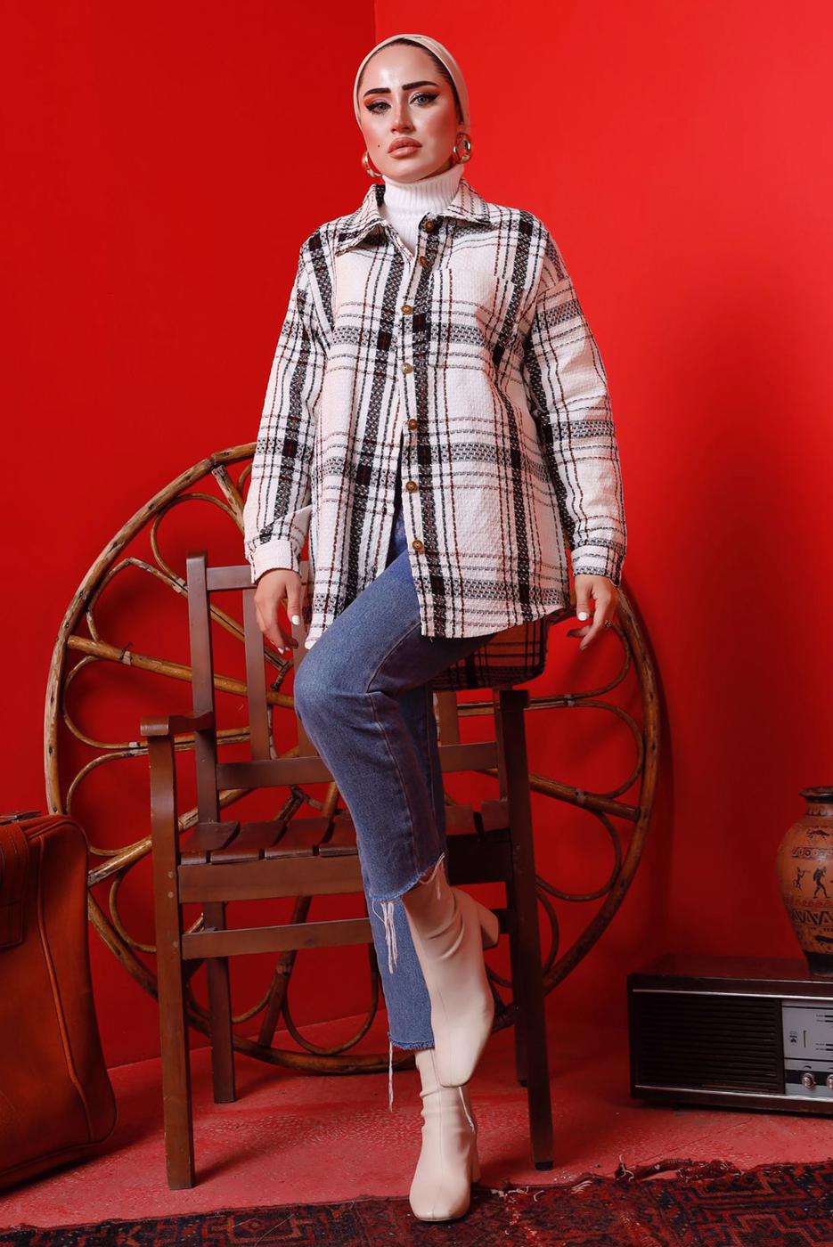 Tesettür giyim KREM EKOSE DÜĞMELİ TÜVİT TUNİK 3682 