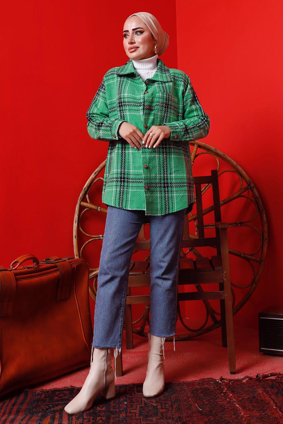 Tesettür giyim YEŞİL EKOSE DÜĞMELİ TÜVİT TUNİK 3682 