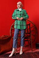 Tesettür giyim YEŞİL EKOSE DÜĞMELİ TÜVİT TUNİK 3682 