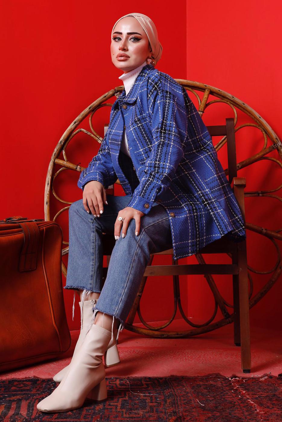 Tesettür giyim LACİVERT EKOSE DÜĞMELİ TÜVİT TUNİK 3682 