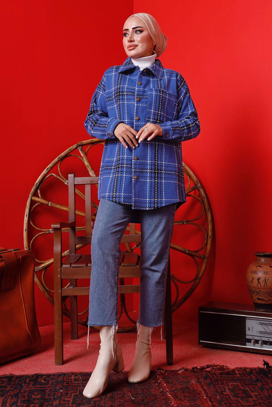 Tesettür giyim LACİVERT EKOSE DÜĞMELİ TÜVİT TUNİK 3682 