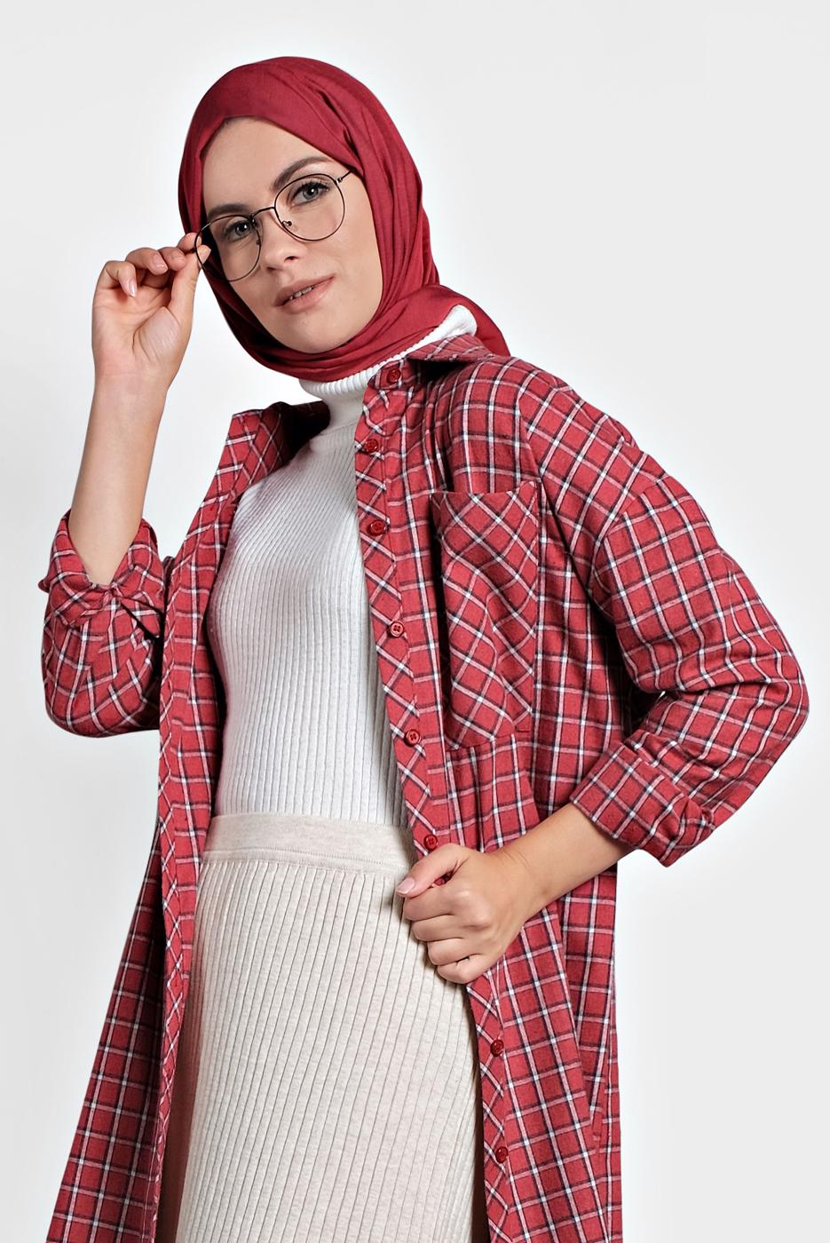 Tesettür giyim KIRMIZI ALVİNA PAMUKLU KARE DESENLİ TUNİK 40172 