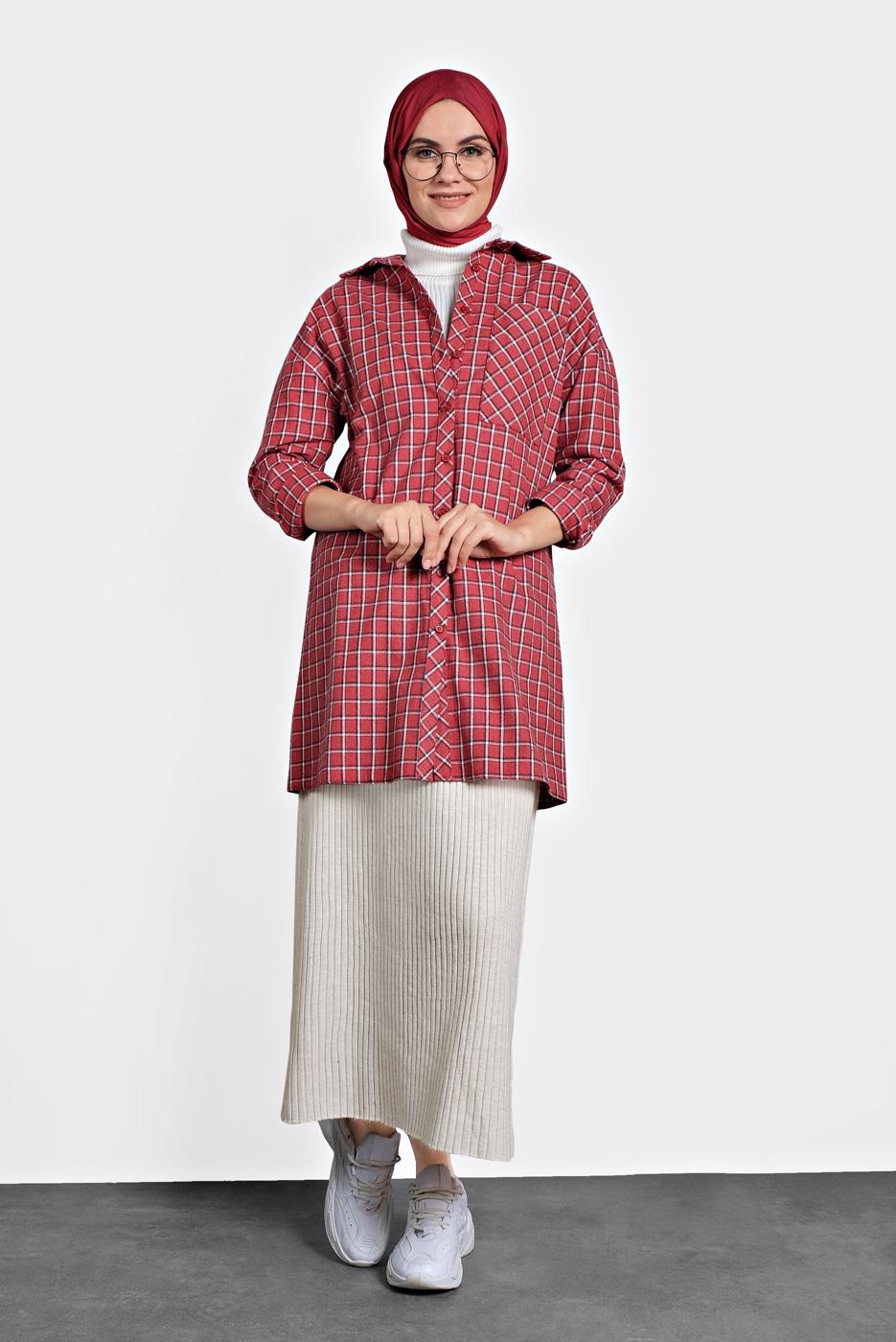 Tesettür giyim KIRMIZI ALVİNA PAMUKLU KARE DESENLİ TUNİK 40172 