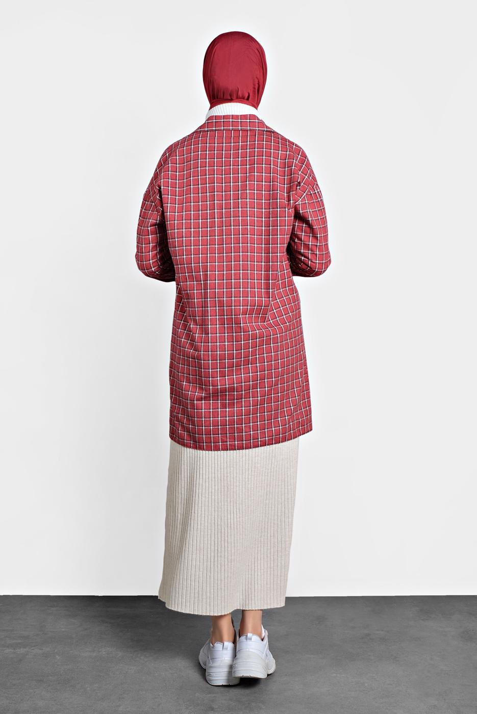 Tesettür giyim KIRMIZI ALVİNA PAMUKLU KARE DESENLİ TUNİK 40172 