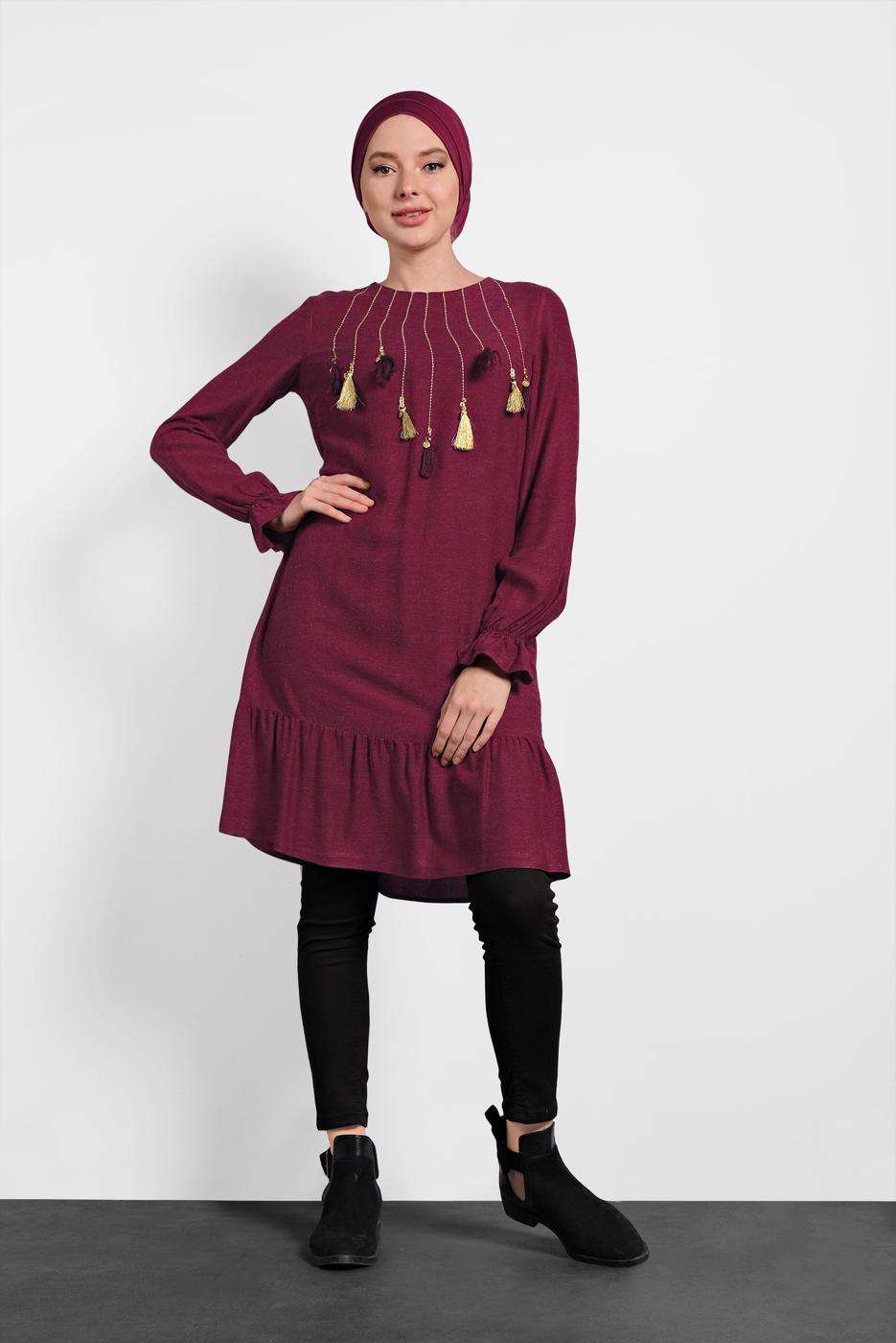 Tesettür giyim BORDO ALVİNA PÜSKÜL DETAYLI TUNİK 40290 