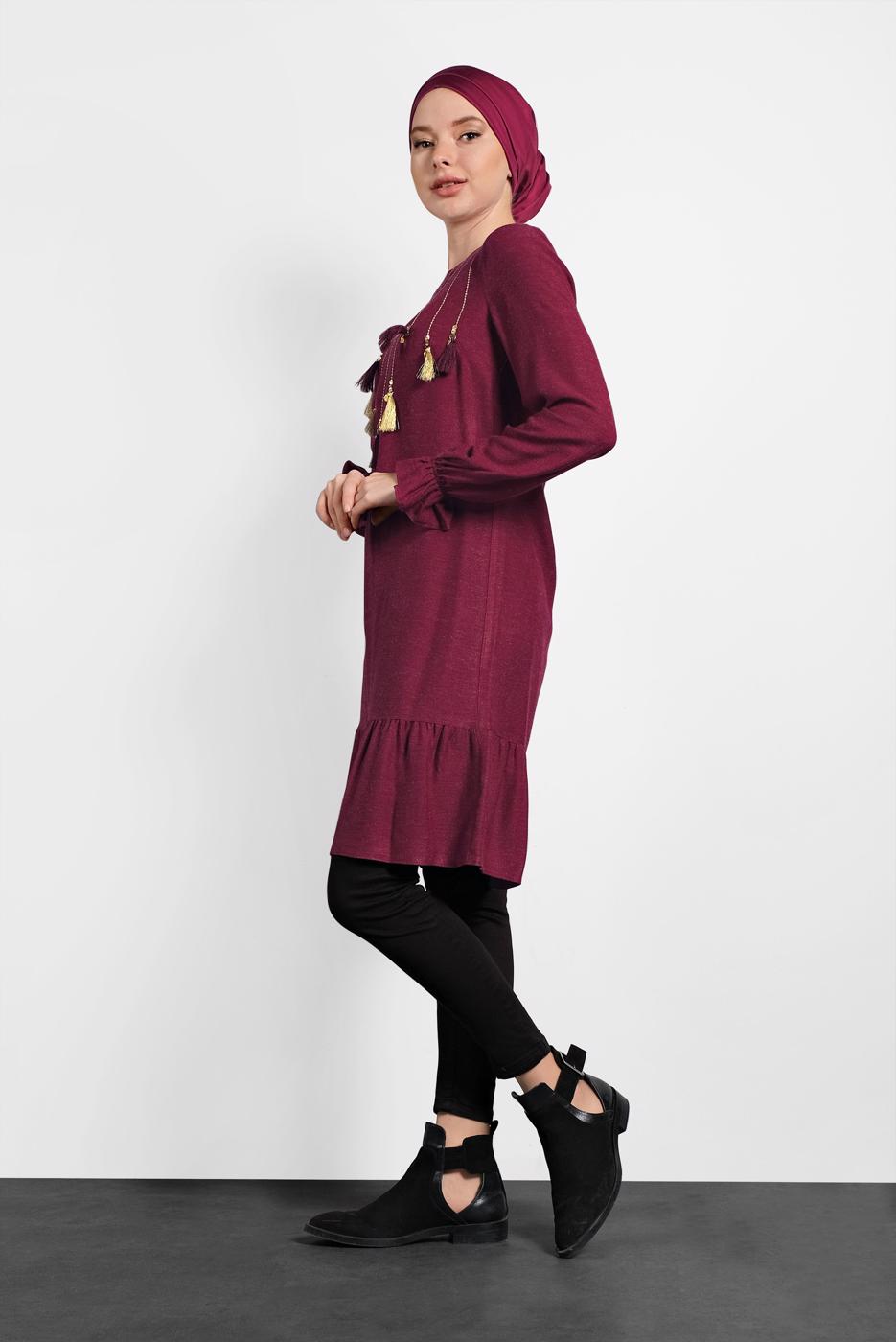 Tesettür giyim BORDO ALVİNA PÜSKÜL DETAYLI TUNİK 40290 