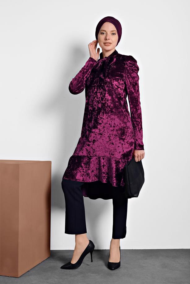 Tesettür giyim  ALVİNA ETEK UCU VOLANLI YAKASI BAĞLI TUNİK 40387  - TRENDTESETTÜR