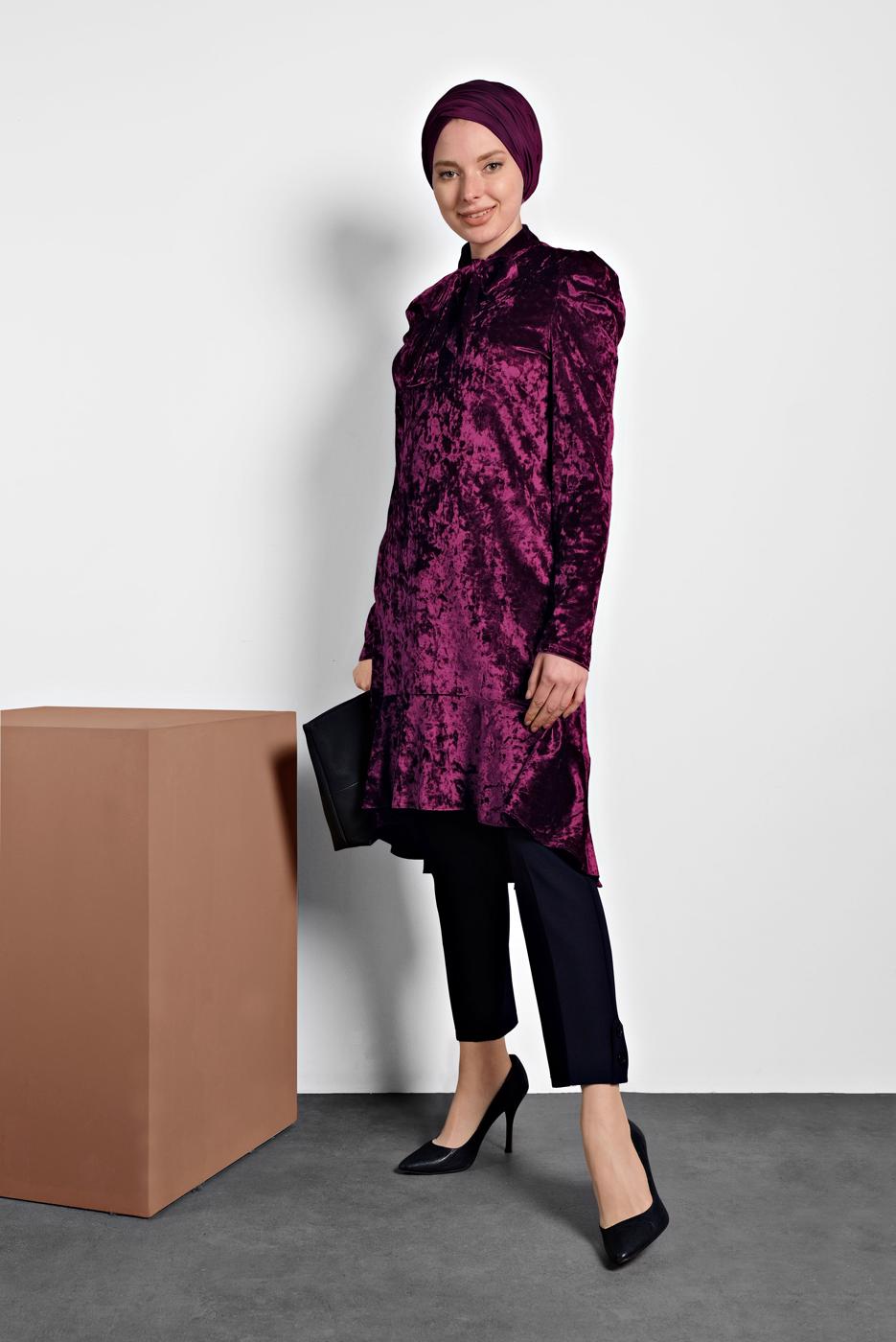 Hijab clothing PLUM FRILLED TIED COLLAR TUNIC 40387 