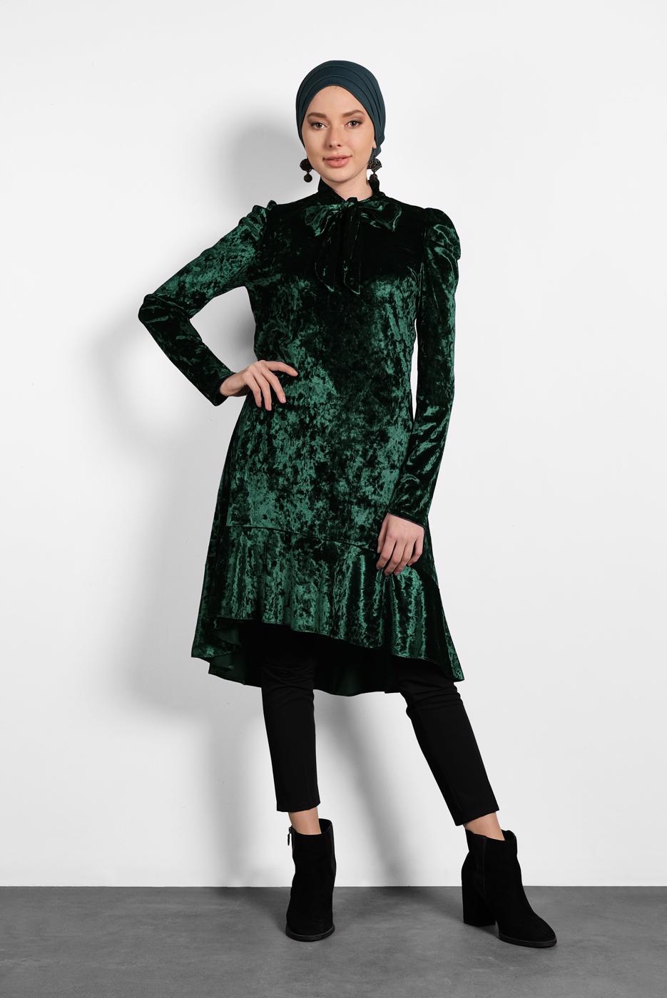 Tesettür giyim YEŞİL ALVİNA ETEK UCU VOLANLI YAKASI BAĞLI TUNİK 40387 