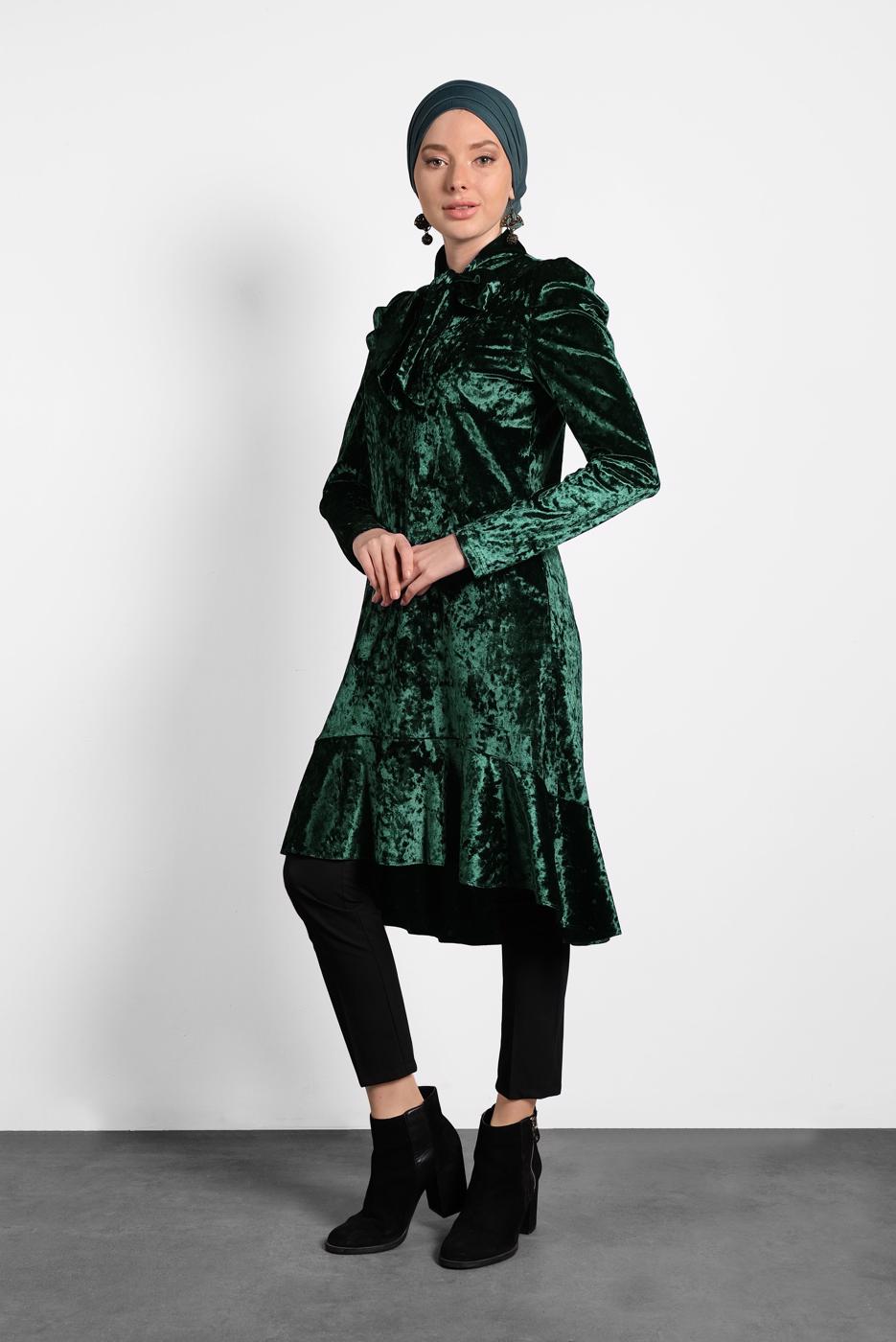 Tesettür giyim YEŞİL ALVİNA ETEK UCU VOLANLI YAKASI BAĞLI TUNİK 40387 