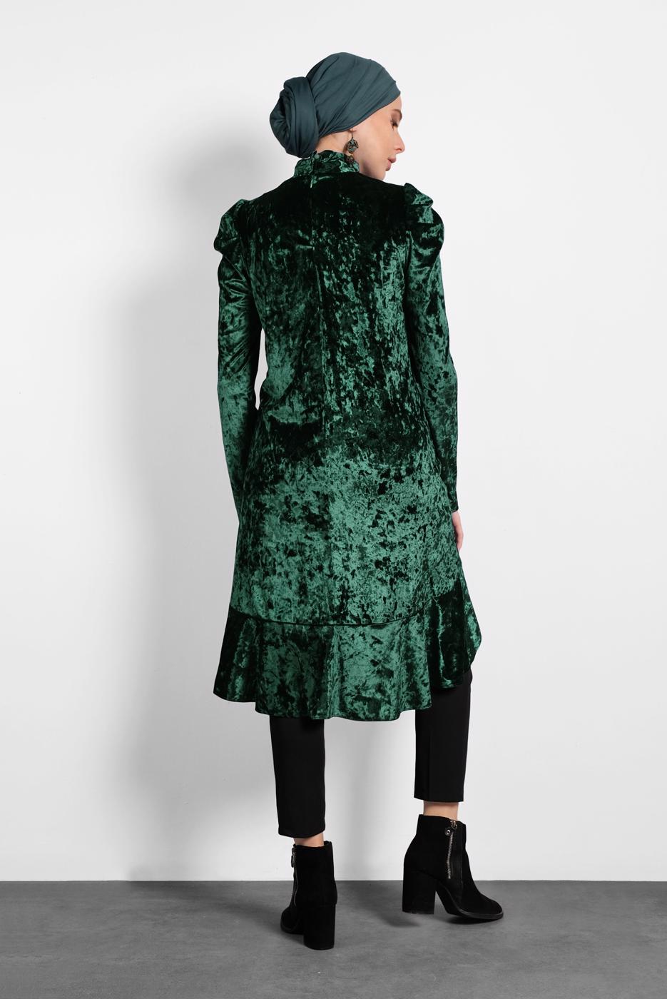 Tesettür giyim YEŞİL ALVİNA ETEK UCU VOLANLI YAKASI BAĞLI TUNİK 40387 