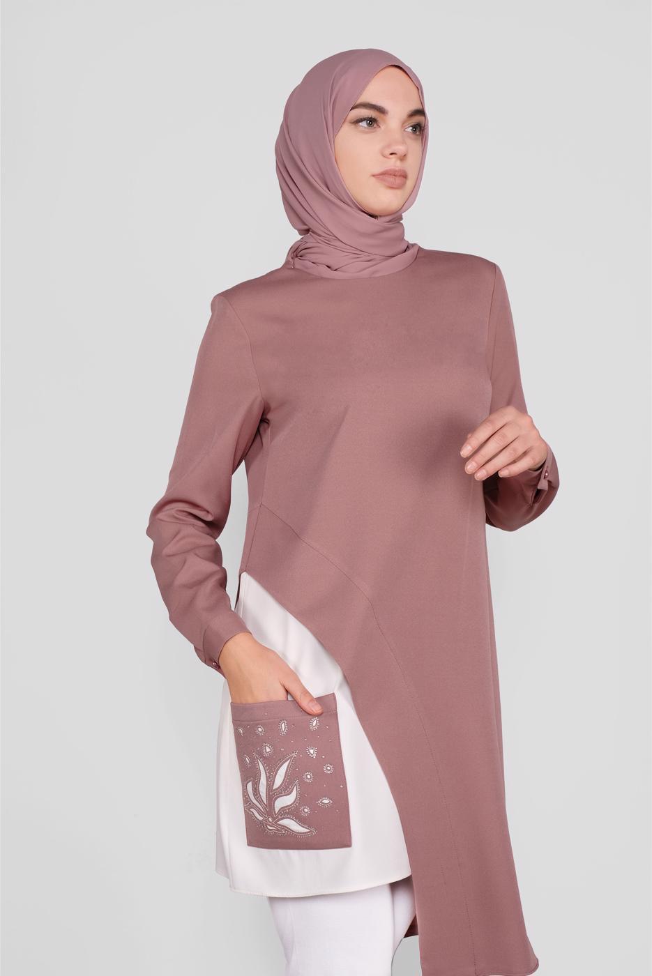Tesettür giyim PEMBE ALVİNA ASİMETRİK KESİM CEPLİ TUNİK T 41166