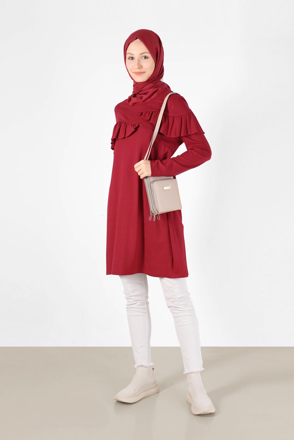 Tesettür giyim KIRMIZI ALVİNA FIRFIR DETAYLI TUNİK 41231	
