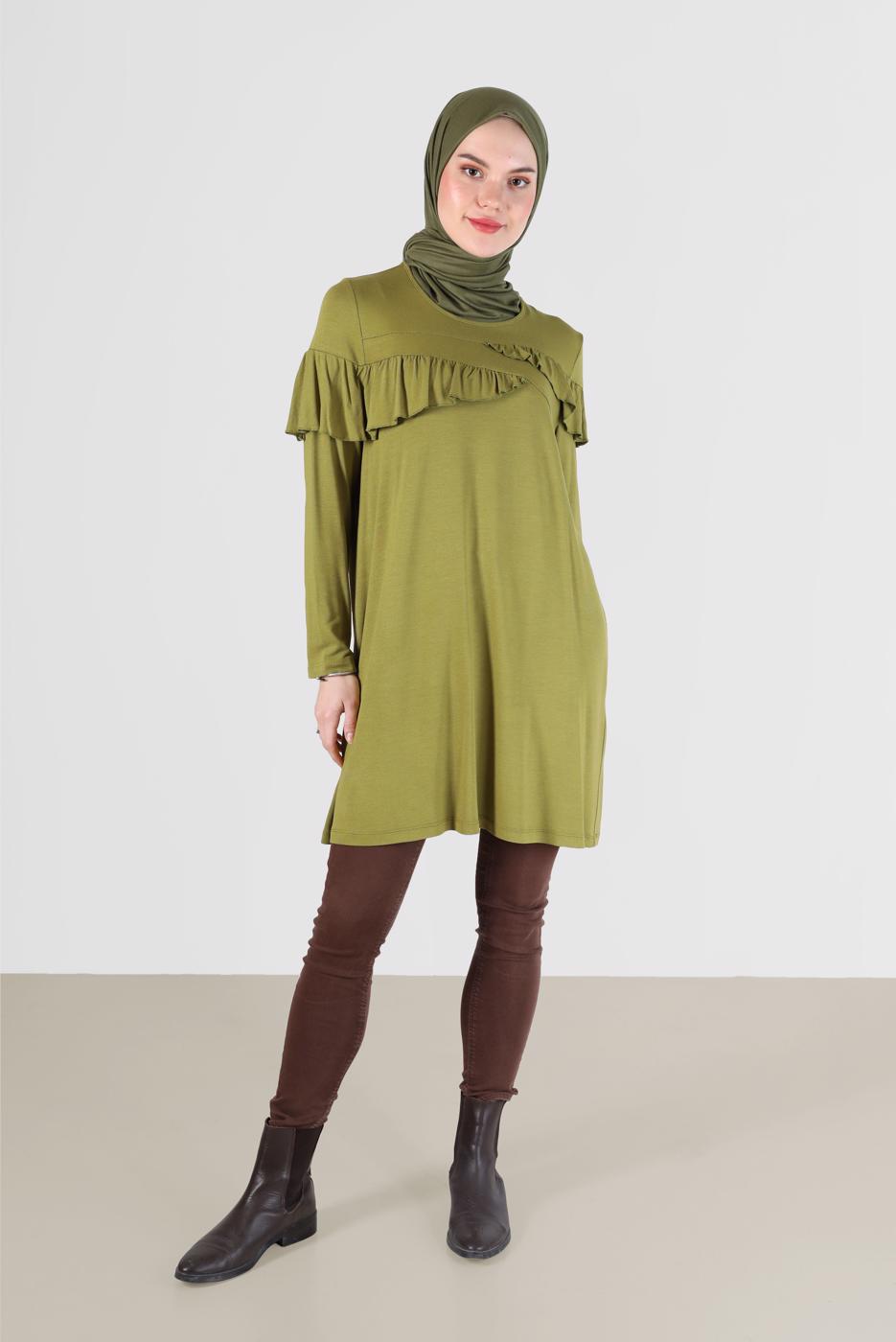 Tesettür giyim YEŞİL ALVİNA FIRFIR DETAYLI TUNİK 41231	