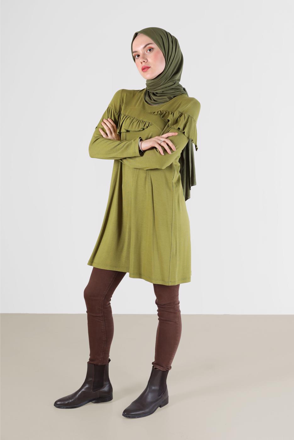 Tesettür giyim YEŞİL ALVİNA FIRFIR DETAYLI TUNİK 41231	