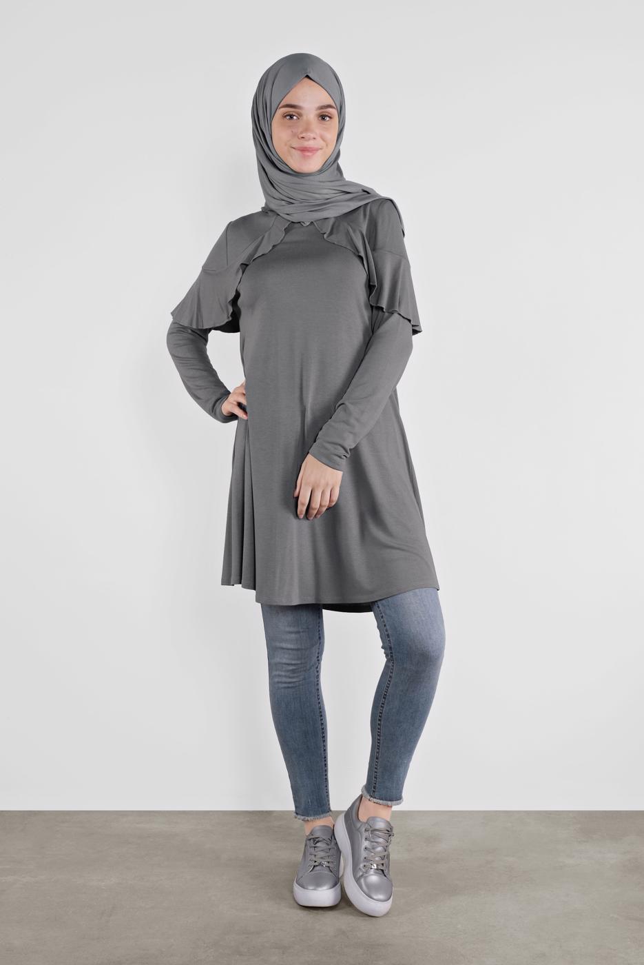 Tesettür giyim GRİ ALVİNA YAKA KISMI VOLANLI TUNİK 41237	