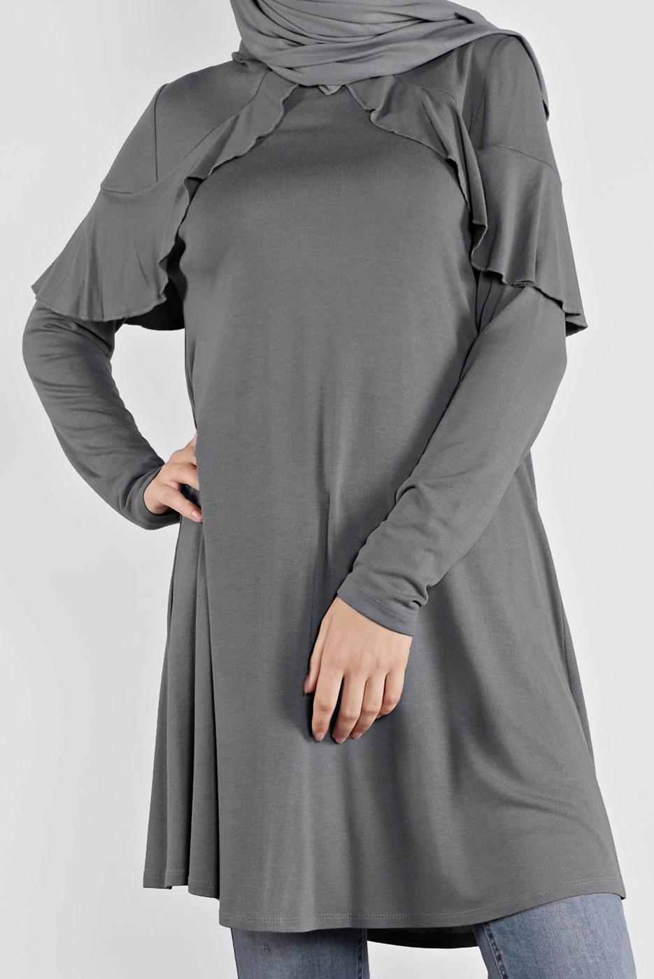 Tesettür giyim GRİ ALVİNA YAKA KISMI VOLANLI TUNİK 41237	