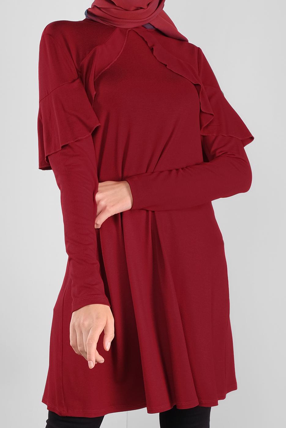 Tesettür giyim BORDO ALVİNA YAKA KISMI VOLANLI TUNİK 41237	