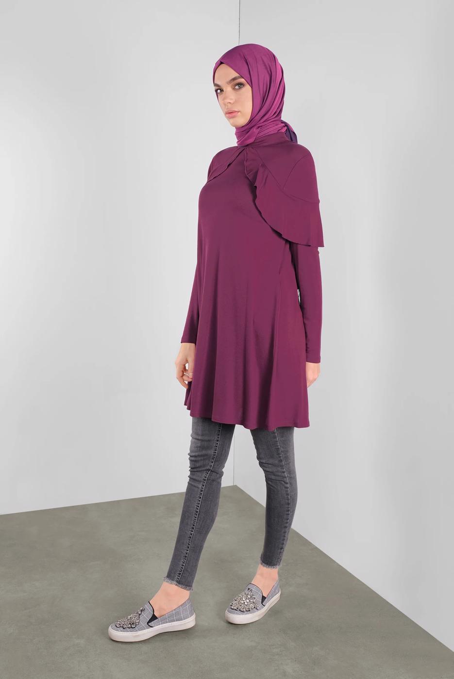 Tesettür giyim FUŞYA ALVİNA YAKA KISMI VOLANLI TUNİK 41237	