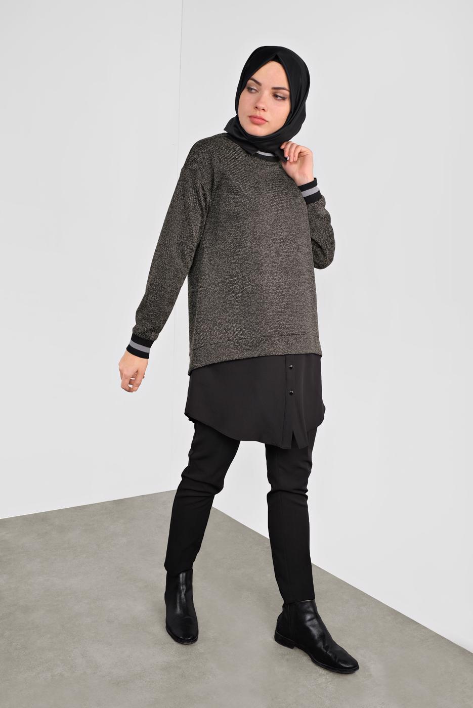 Tesettür giyim SİYAH ALVİNA MANŞETLERİ LASTİKLİ İKİ GÖRÜNÜMLÜ TUNİK 41279	