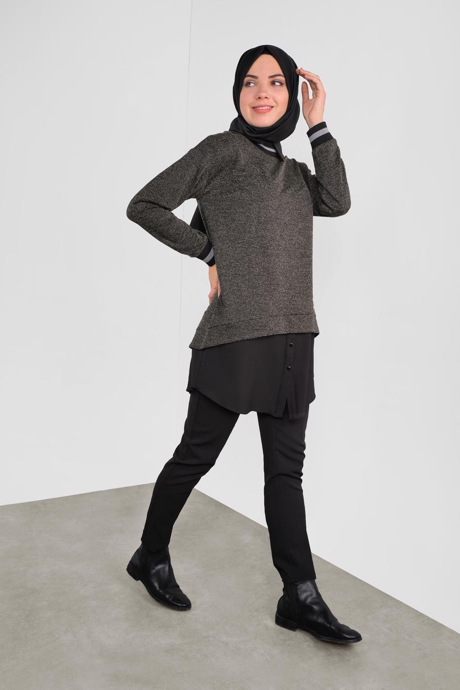 Tesettür giyim SİYAH ALVİNA MANŞETLERİ LASTİKLİ İKİ GÖRÜNÜMLÜ TUNİK 41279	