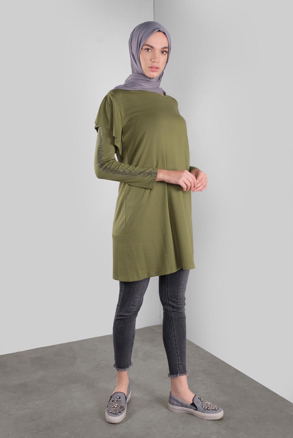 Tesettür giyim YEŞİL ALVİNA TAŞ BASKILI FIRFIRLI TUNİK 41293	