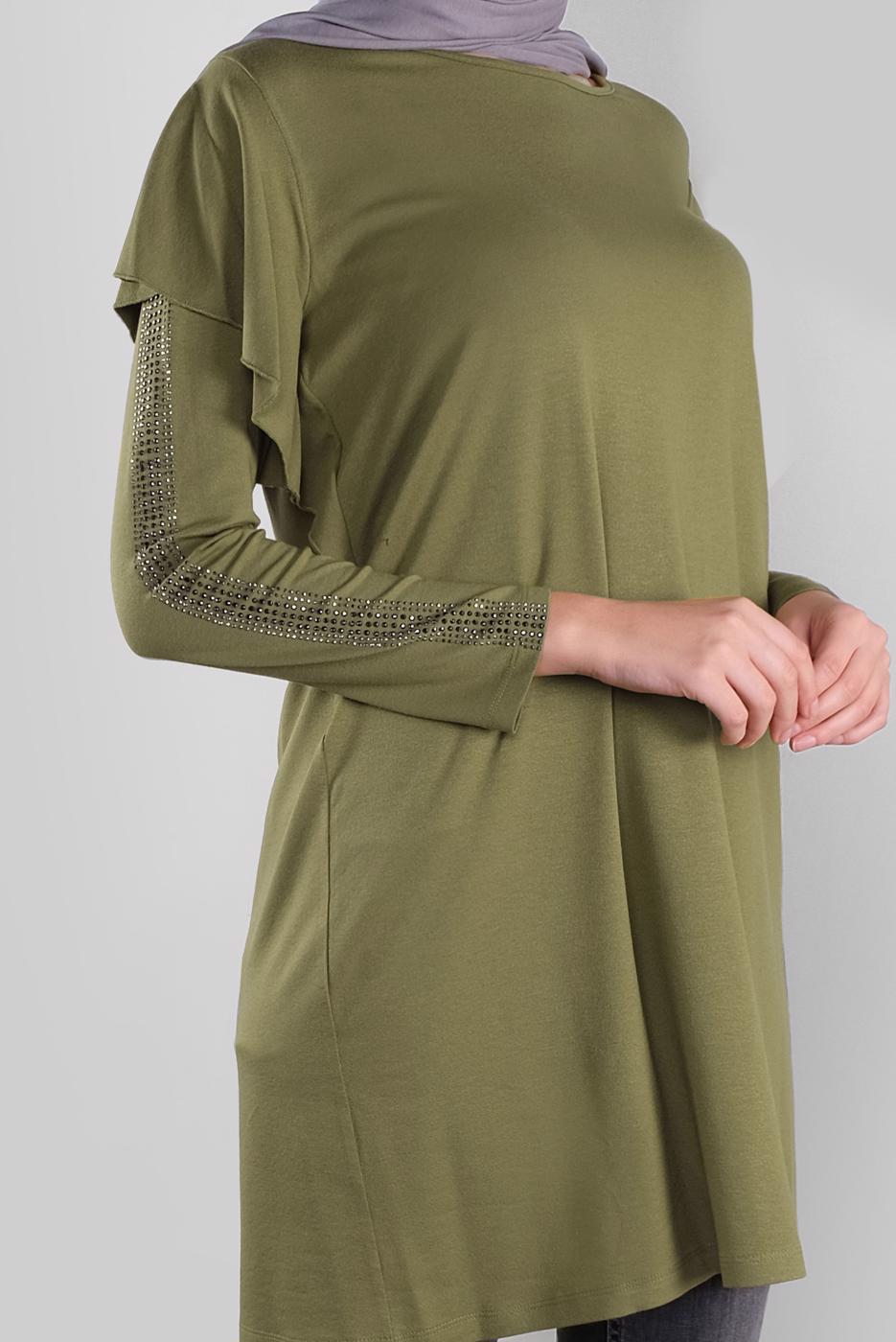 Tesettür giyim YEŞİL ALVİNA TAŞ BASKILI FIRFIRLI TUNİK 41293	