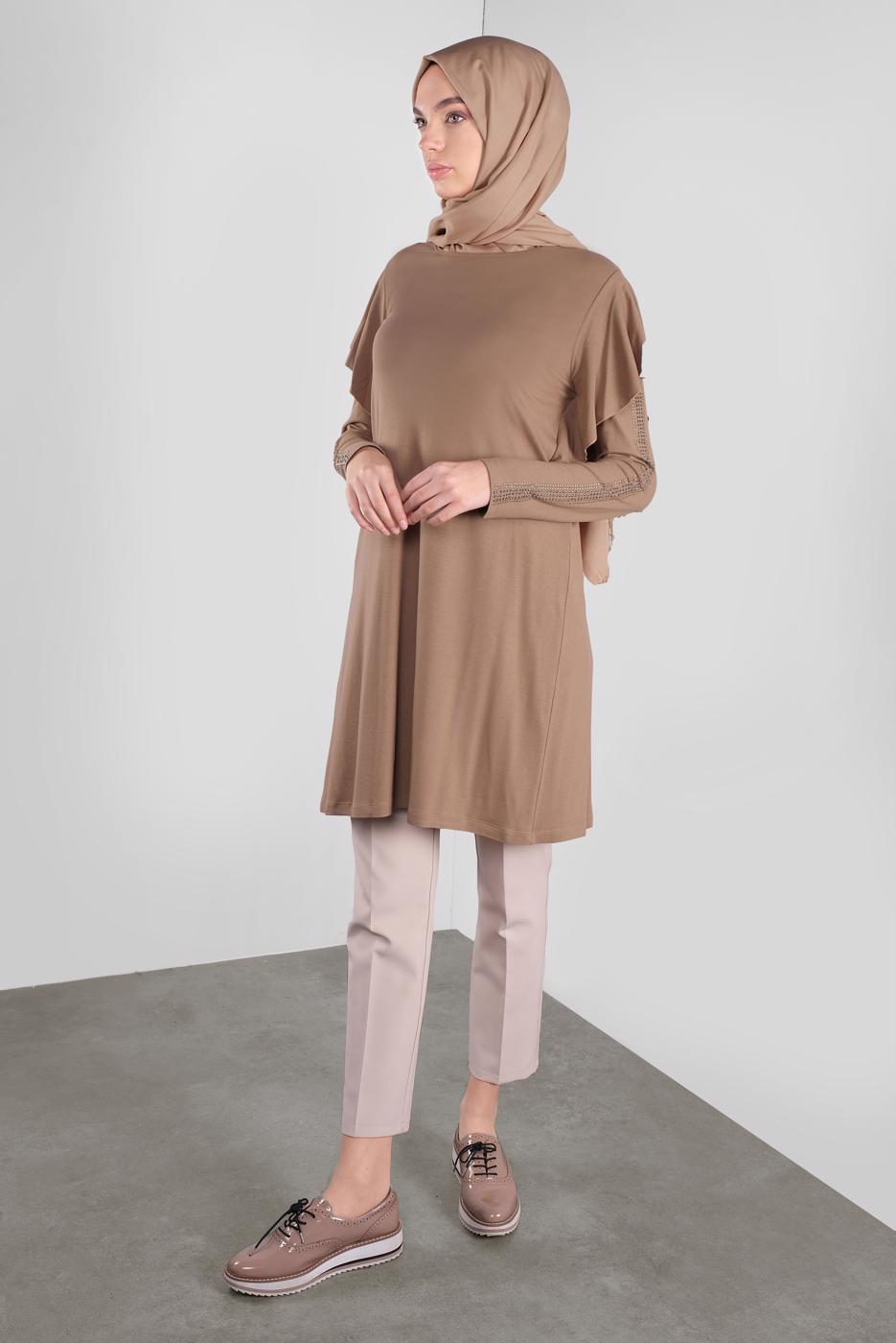 Tesettür giyim KAHVE ALVİNA TAŞ BASKILI FIRFIRLI TUNİK 41293	