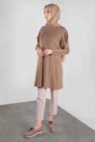 Tesettür giyim KAHVE ALVİNA TAŞ BASKILI FIRFIRLI TUNİK 41293	
