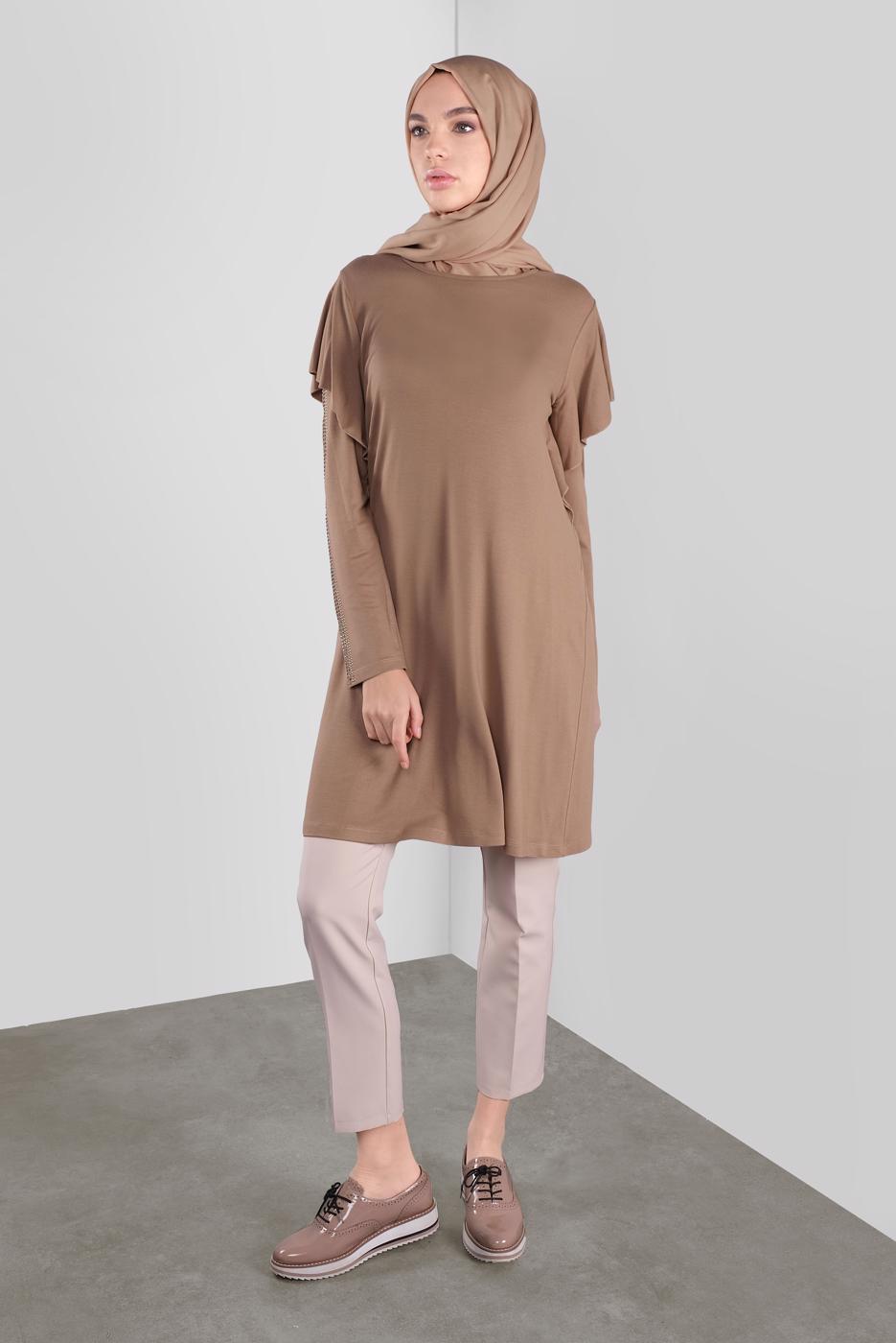 Tesettür giyim KAHVE ALVİNA TAŞ BASKILI FIRFIRLI TUNİK 41293	