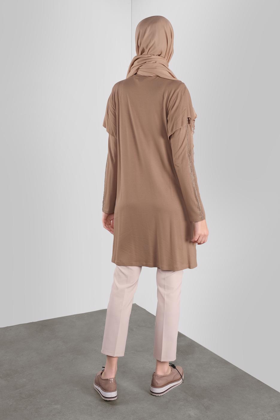 Tesettür giyim KAHVE ALVİNA TAŞ BASKILI FIRFIRLI TUNİK 41293	