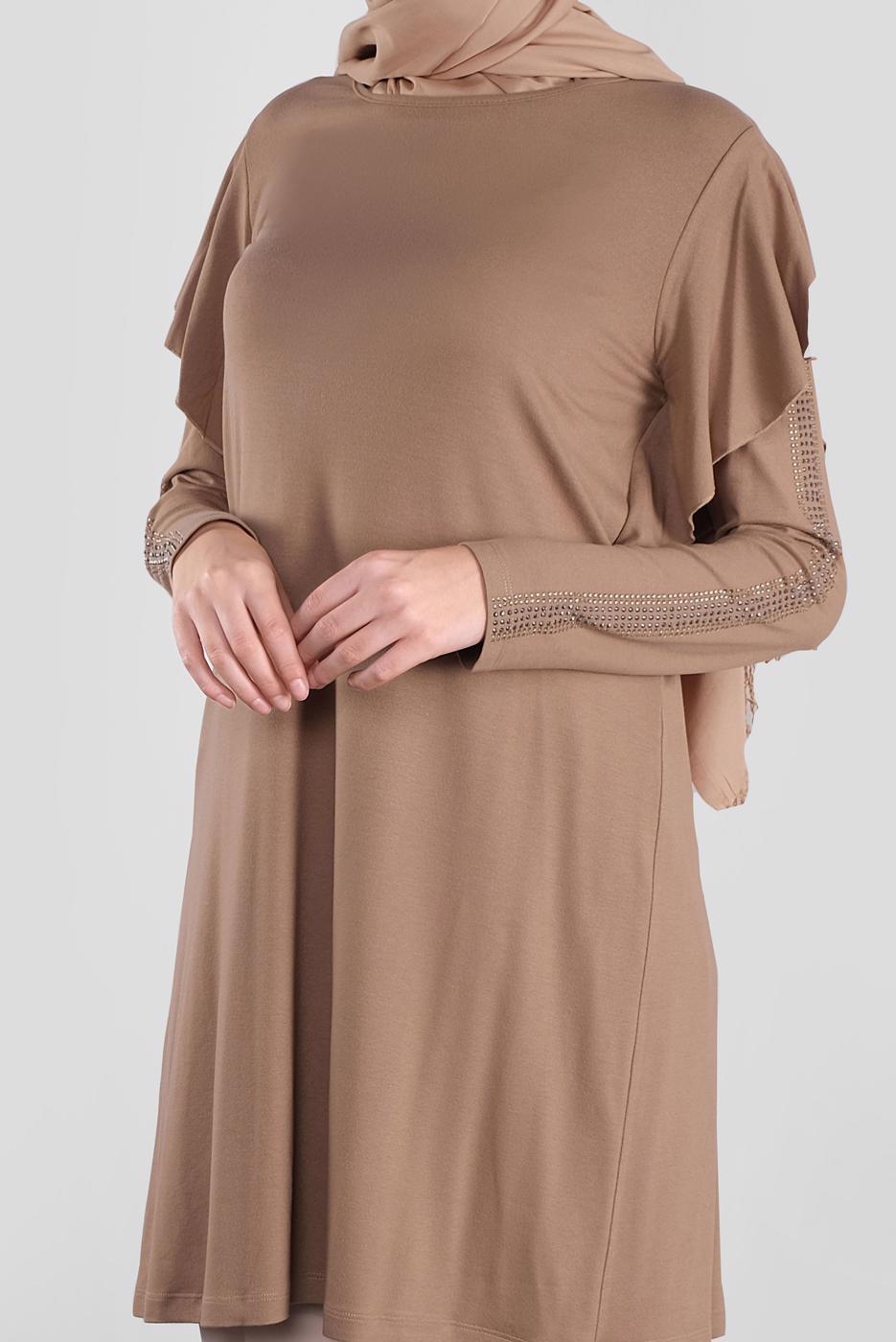 Tesettür giyim KAHVE ALVİNA TAŞ BASKILI FIRFIRLI TUNİK 41293	