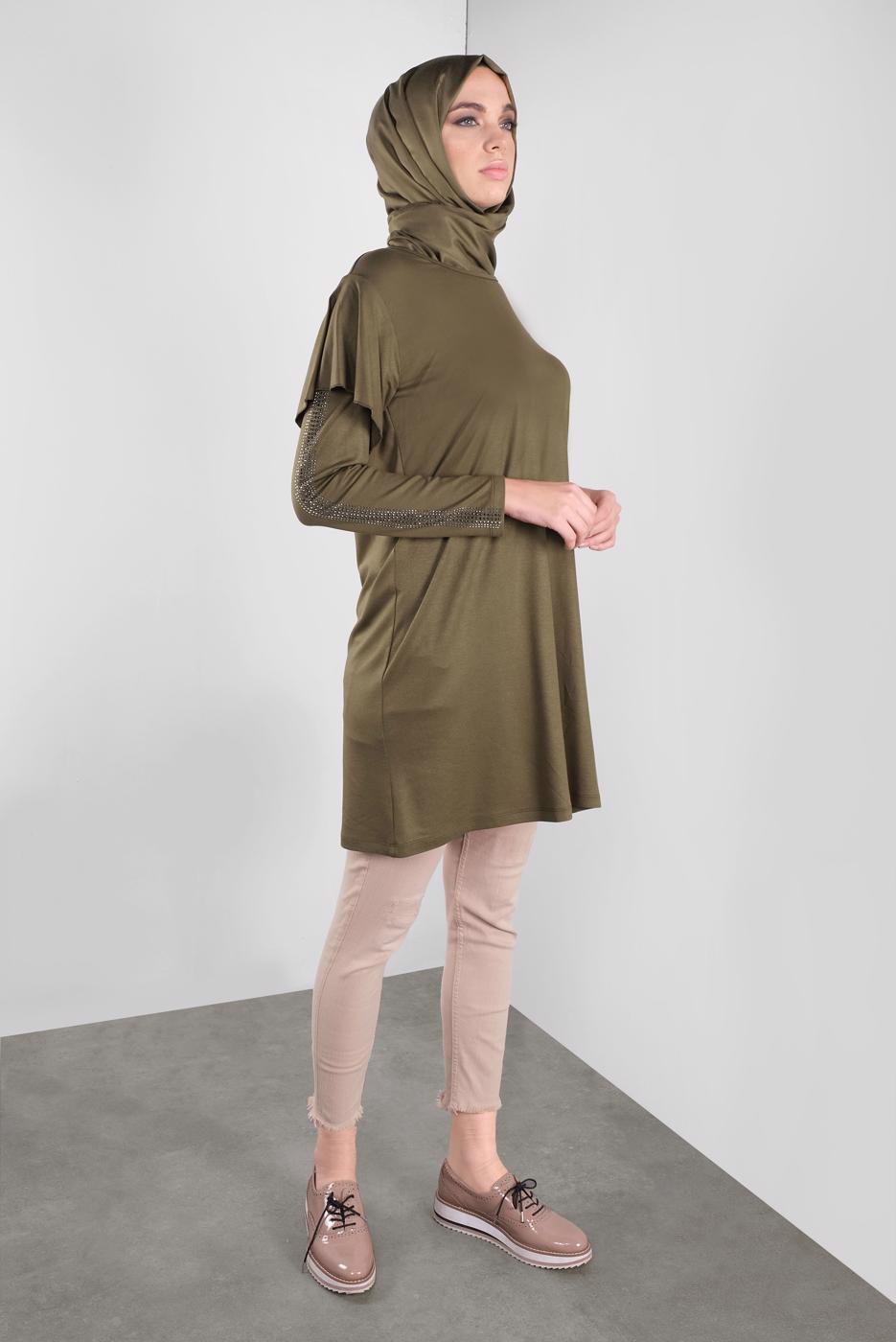 Tesettür giyim HAKİ ALVİNA TAŞ BASKILI FIRFIRLI TUNİK 41293	