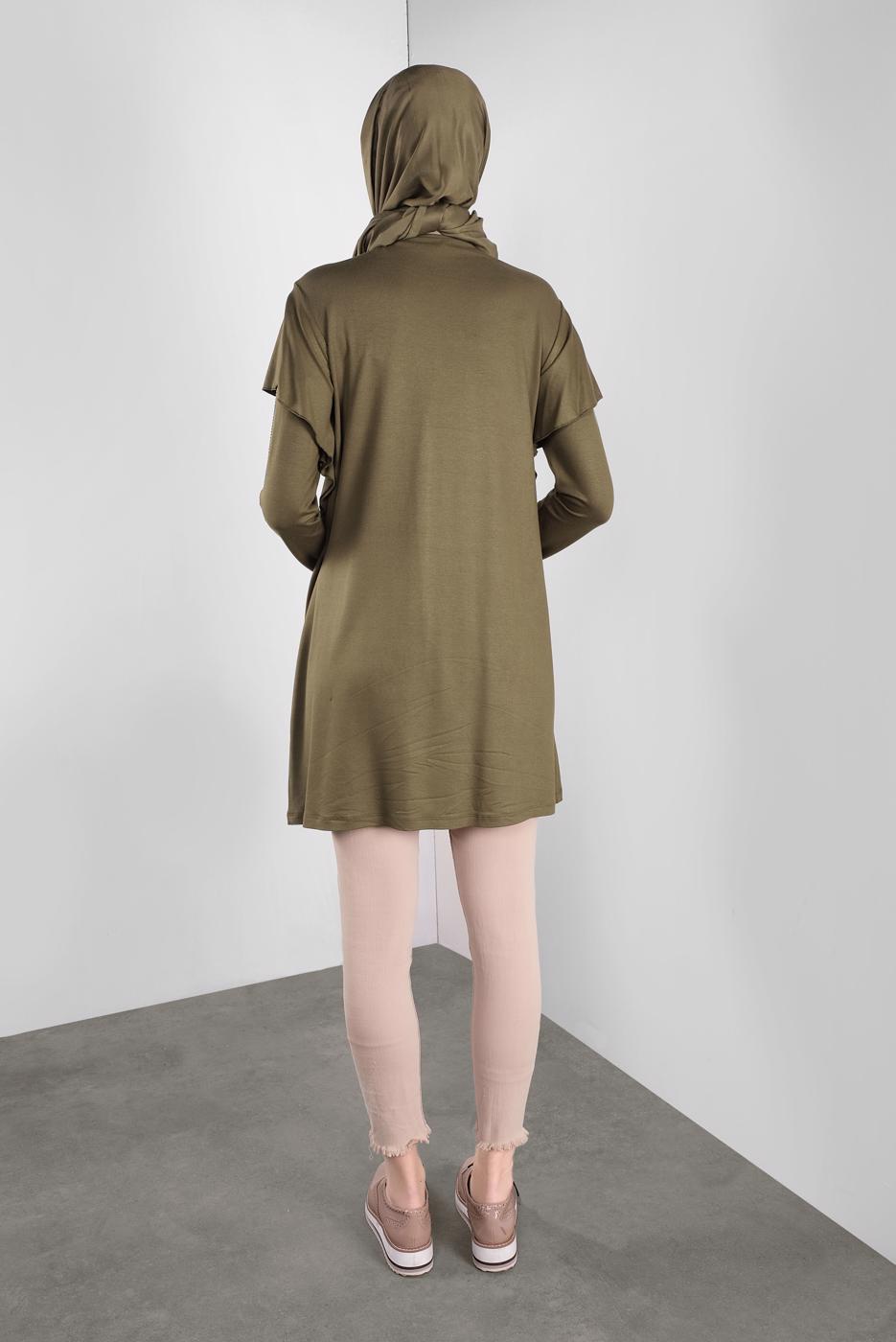 Tesettür giyim HAKİ ALVİNA TAŞ BASKILI FIRFIRLI TUNİK 41293	