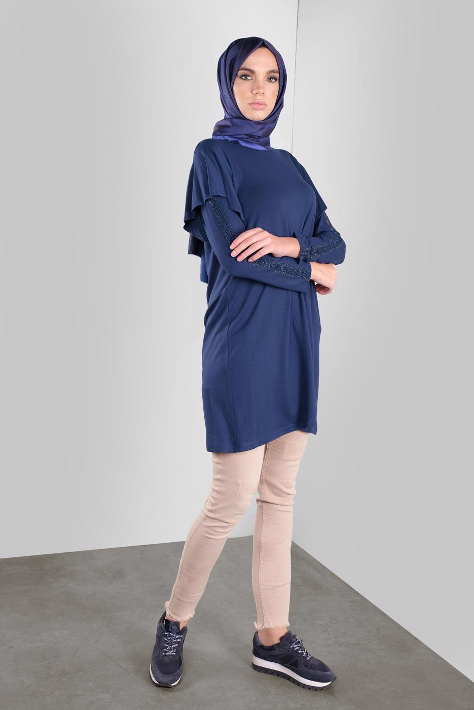 Tesettür giyim LACİVERT ALVİNA TAŞ BASKILI FIRFIRLI TUNİK 41293	