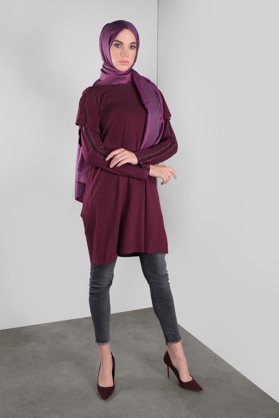 Tesettür giyim MOR ALVİNA TAŞ BASKILI FIRFIRLI TUNİK 41293	