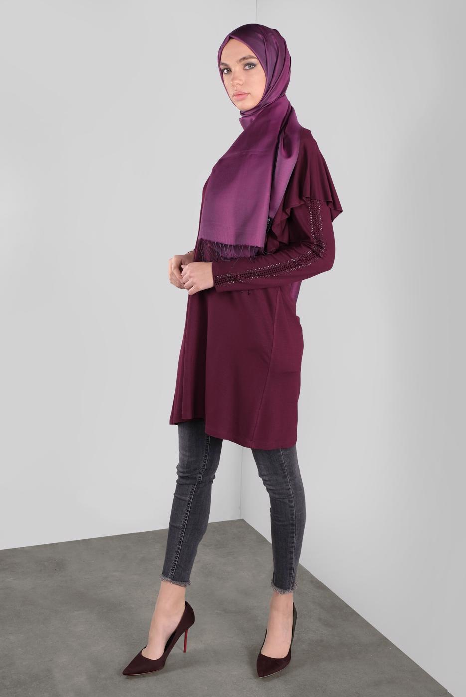 Tesettür giyim MOR ALVİNA TAŞ BASKILI FIRFIRLI TUNİK 41293	