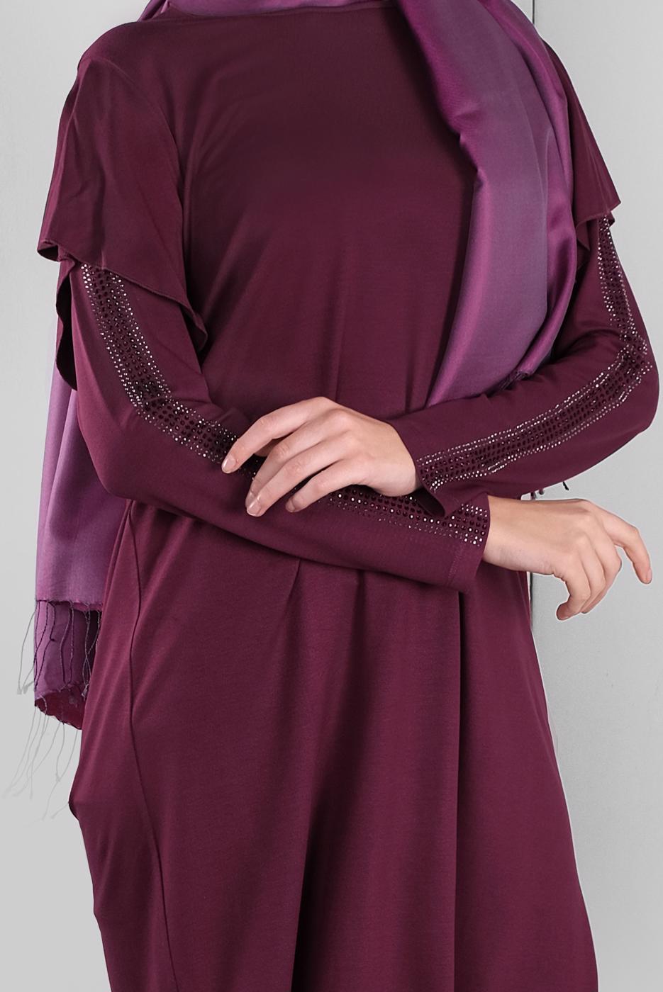 Tesettür giyim MOR ALVİNA TAŞ BASKILI FIRFIRLI TUNİK 41293	
