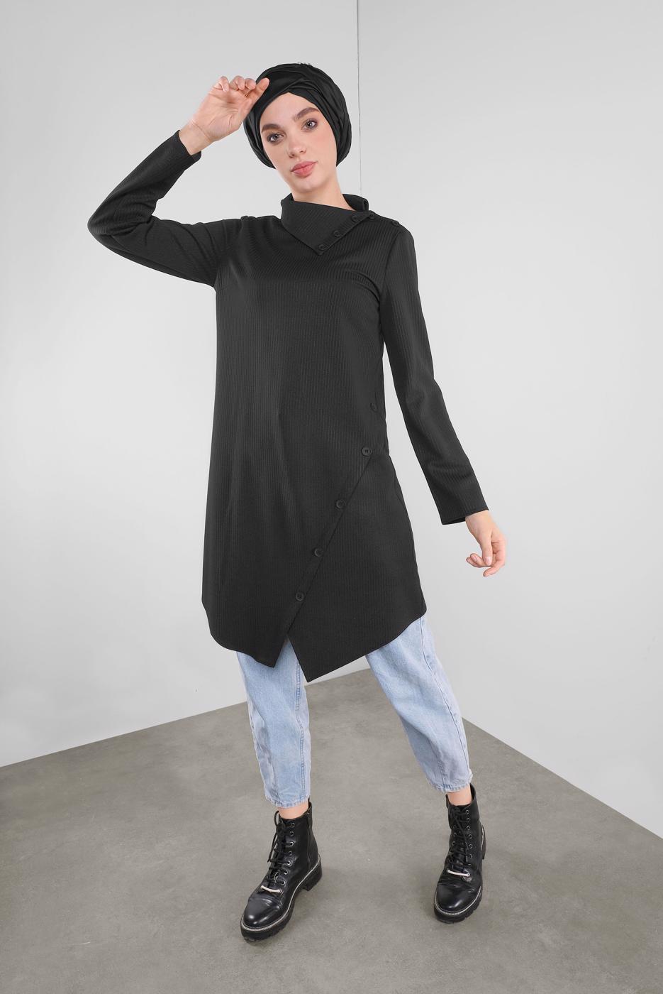 Tesettür giyim SİYAH ALVİNA DÜĞME DETAYLI ASİMETRİK KESİM TUNİK 41312	
