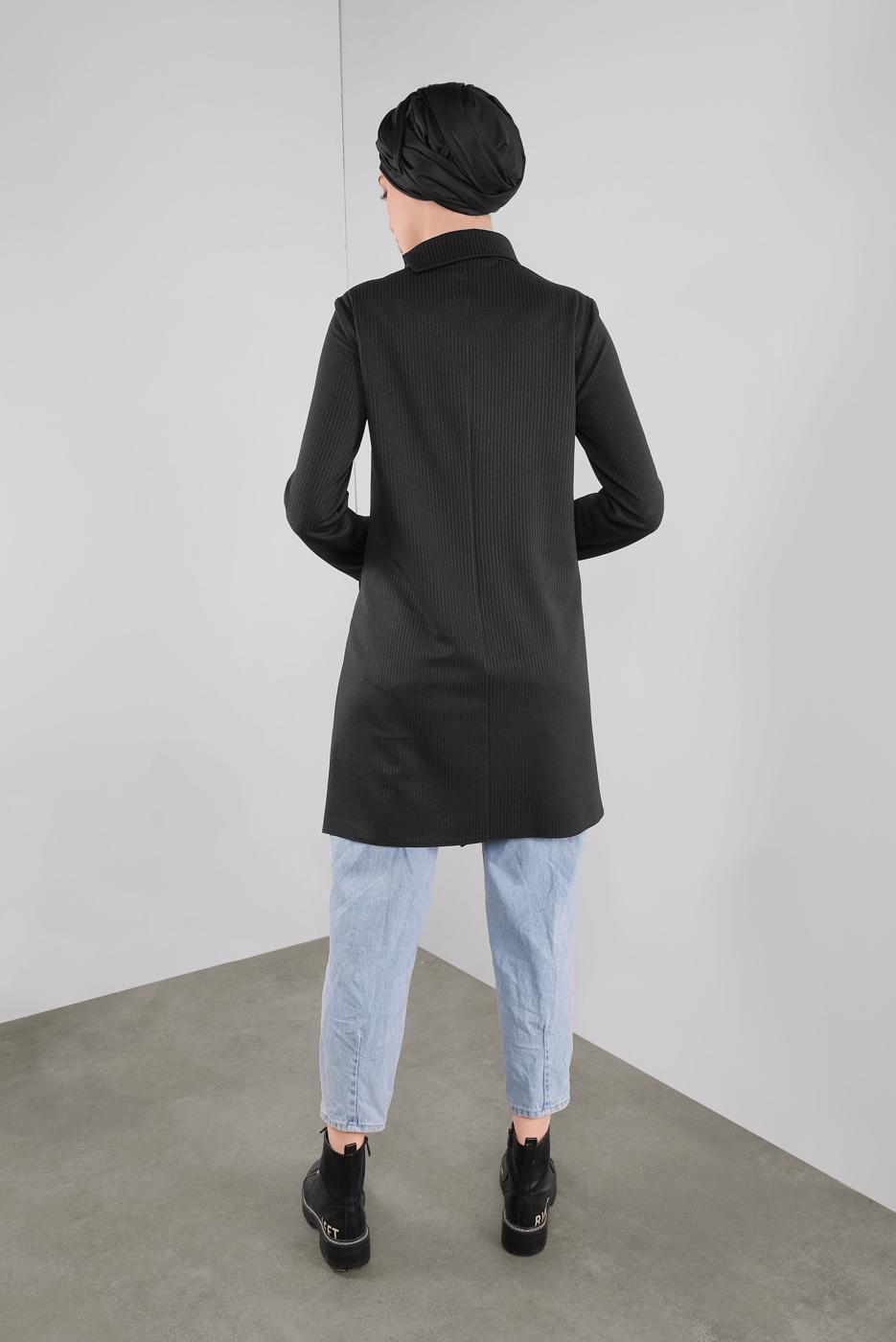 Tesettür giyim SİYAH ALVİNA DÜĞME DETAYLI ASİMETRİK KESİM TUNİK 41312	