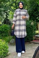 Tesettür giyim BEJ KAPÜŞONLU DÜĞMELİ EKOSE TUNİK 4162