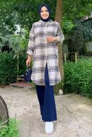 Tesettür giyim BEJ KAPÜŞONLU DÜĞMELİ EKOSE TUNİK 4162