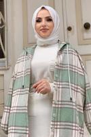 Tesettür giyim YEŞİL KAPÜŞONLU DÜĞMELİ EKOSE TUNİK 4162