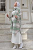 Tesettür giyim YEŞİL KAPÜŞONLU DÜĞMELİ EKOSE TUNİK 4162