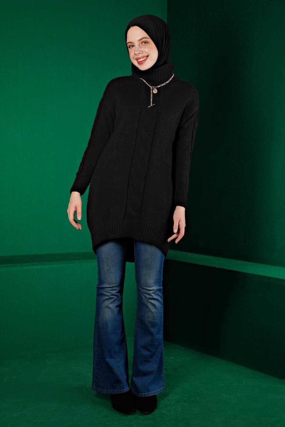 Tesettür giyim SİYAH ÖRGÜ DETAYLI BOĞAZLI TRİKO TUNİK 43119