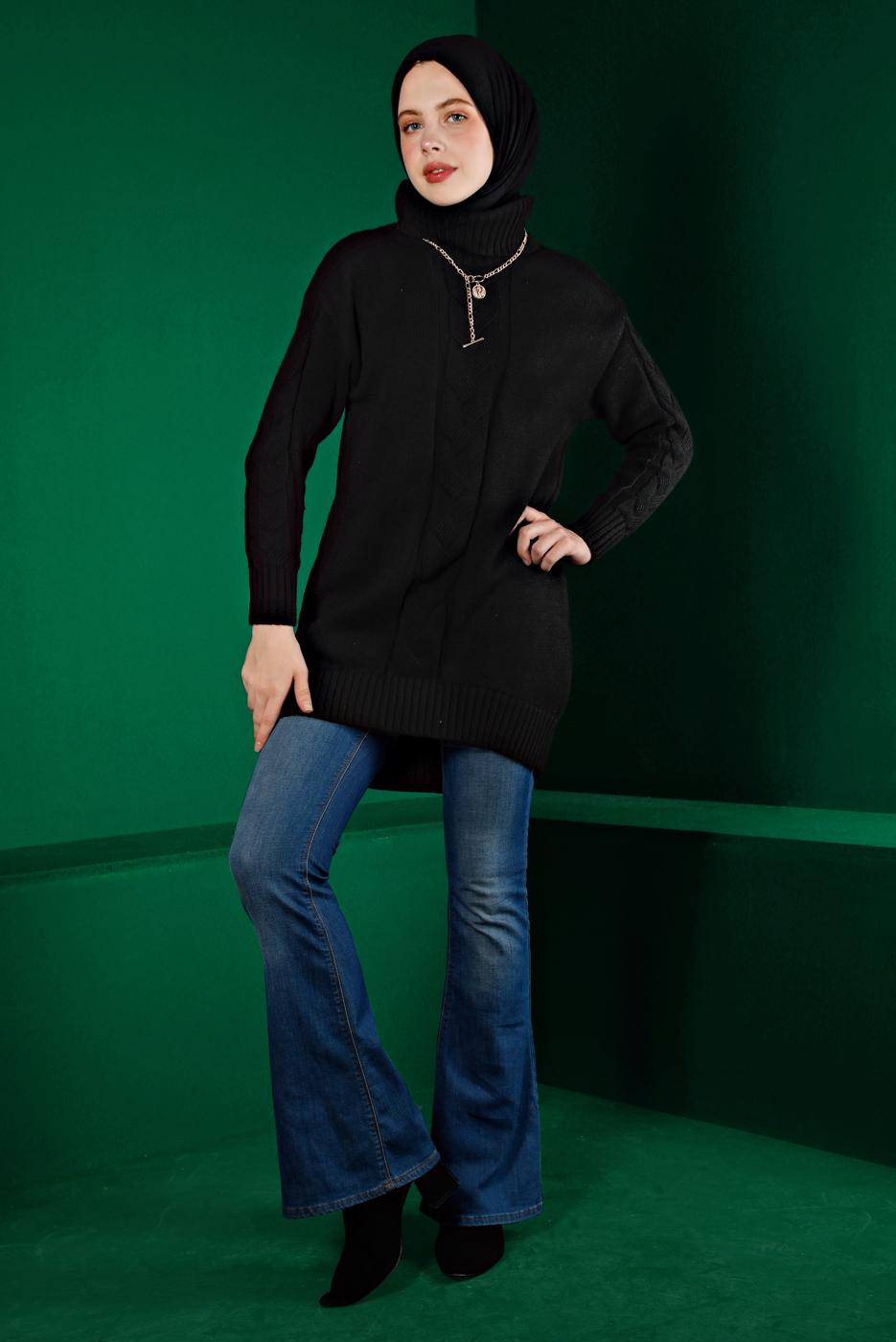 Tesettür giyim SİYAH ÖRGÜ DETAYLI BOĞAZLI TRİKO TUNİK 43119