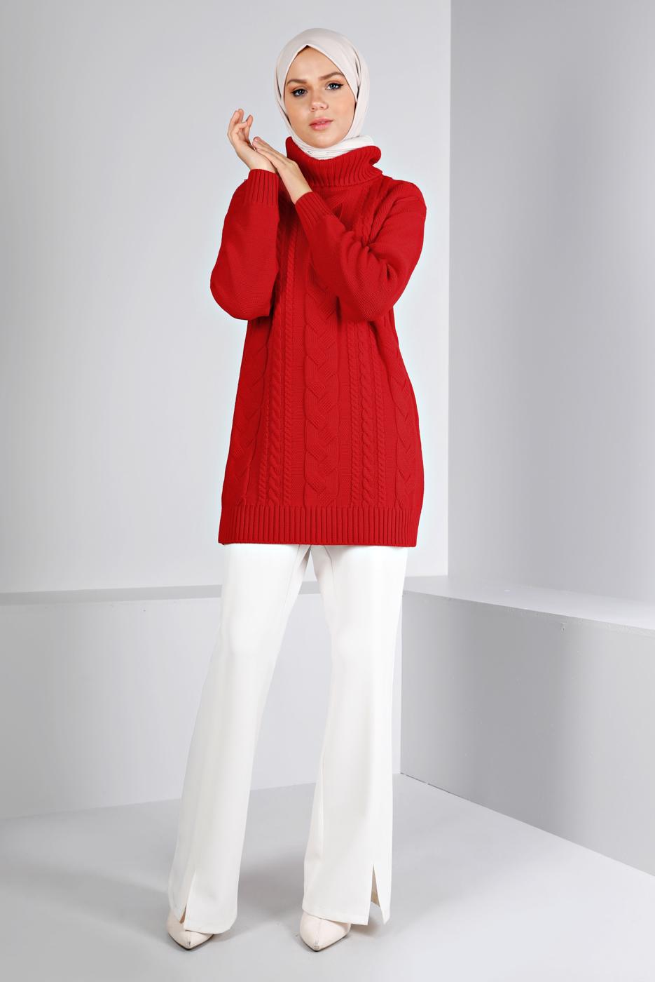 Tesettür giyim KIRMIZI ALVİNA TRİKO TUNİK T 43135