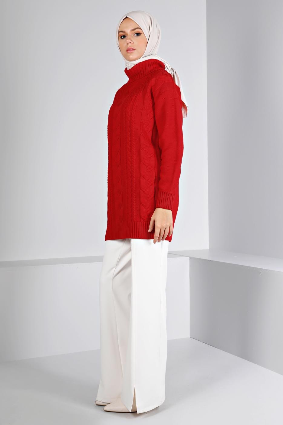 Tesettür giyim KIRMIZI ALVİNA TRİKO TUNİK T 43135