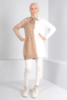 Tesettür giyim KAHVE BAĞLAMA DETAYLI İKİ RENKLİ TRİKO TUNİK 43167